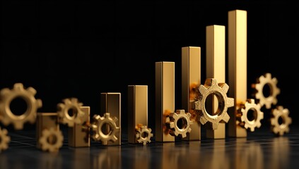 Stunning golden gears mesh with rising bar graph symbolizing business growth, success, and industrial achievement
