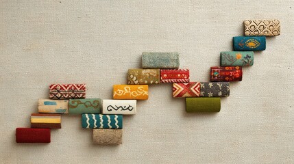 Fototapeta premium intercultural business communication design. Colorful patterned fabric swatches arranged in a wavy pattern on a textured wall.