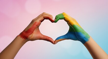Hands painted in rainbow colors forming a heart shape against a colorful background.
