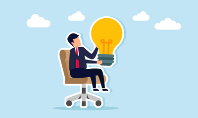 Businessman holding a light bulb sitting on an office chair illustration of business idea and innovation application