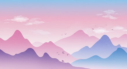 Pastel Mountain Range Landscape with Pink and Blue Gradient Sky.