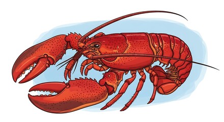 Illustration of a bright red lobster with large claws on a light blue background.