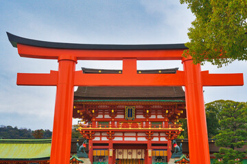 京都 伏見稲荷大社と美しい朱色の鳥居コピースペースあり（日本京都府京都市）Kyoto Fushimi Inari Taisha Shrine and beautiful vermilion torii gate　with copy space (Kyoto City, Kyoto Prefecture, Japan)	