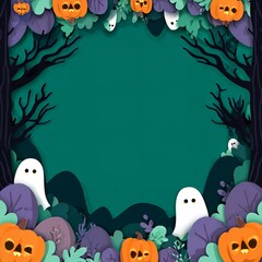 Whimsical Halloween forest scene with playful ghosts, spooky pumpkins, and dark trees creates a magical, festive atmosphere for celebrations