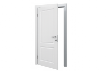 White wooden door opening, showing new opportunities and future possibilities. Modern architectural element on transparent background