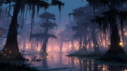 Magical Firefly Swamp Enchanted Night Landscape Art