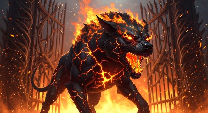 Fearsome hellhound engulfed in flames stands guard before the fiery gates