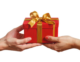 Red Gift Box with Golden Ribbon Isolated on White Background