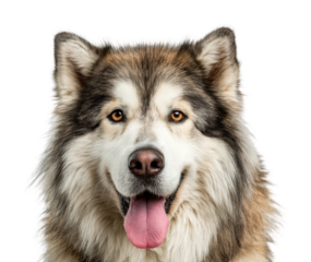 Playful alaskan malamute dog portrait in view isolated on transparent background