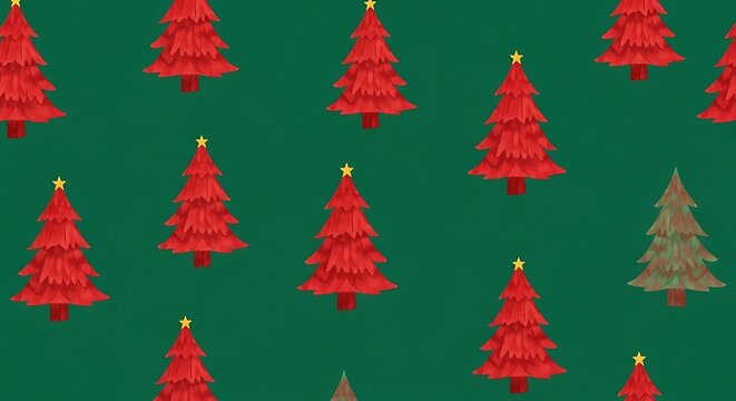 Red Christmas Trees on Green Background with One Brown Tree.