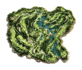 Golf course model overview scenic landscape digital aerial view isolated on transparent background
