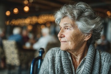 Elderly woman looks thoughtfully to the side, soft light, shallow depth of field. Use to convey serenity, aging, wisdom, healthcare, or retirement home themes.