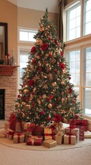 A Beautifully Decorated Christmas Tree with Red and Gold Ornaments Surrounded by Festively Wrapped Presents in a Cozy Living Room Setting