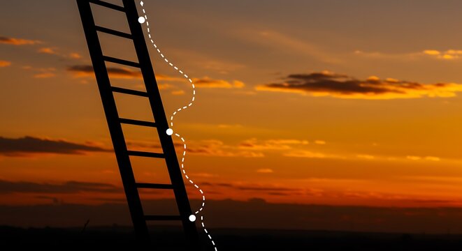 Ladder with lights reaching towards a vibrant sunset sky.