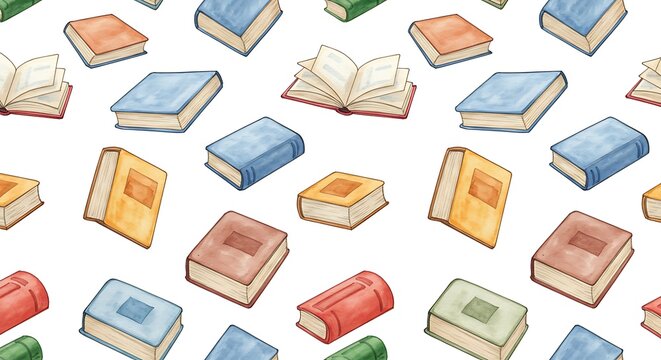 Seamless background design with watercolor books illustration on white backdrop