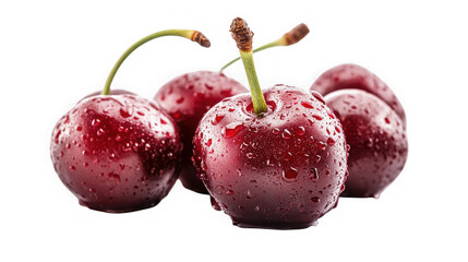 A close up shot of fresh red cherries with water droplets against a black background studio setting on transparent background