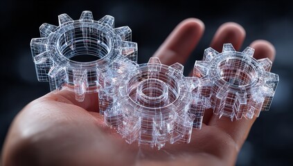 Innovative concept of interconnected gears visualized as a digital blueprint held delicately in a human hand, symbolizing collaboration and forward thinking