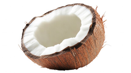 A halved coconut showing the white flesh and brown shell against a black background in close up view on transparent background