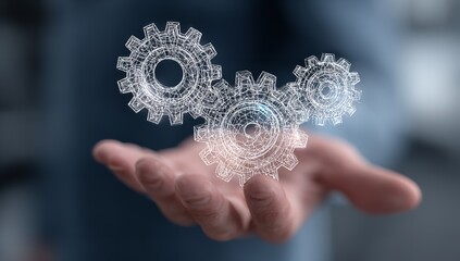 Innovative technology concept, digital gears held in hand, symbolizing engineering, progress, and future solutions