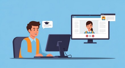 Online Education - Man Attending Virtual Class with Female Instructor.