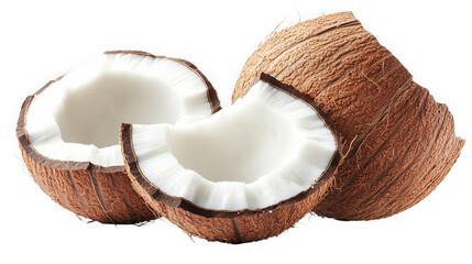 A close up view of a whole coconut and a halved coconut with a piece  on transparent background
