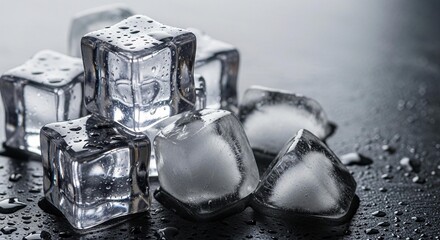 Refreshing ice cubes glistening with water droplets create a cool, crisp visual for drinks, parties, and summer promotions