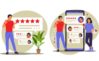 AI Feedback Form Illustration – Character Using Smartphone for Survey, Rating, and Customer Evaluation