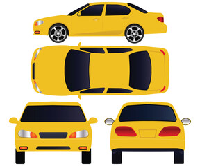 Yellow Car, Multiple Views Top, Side, Front, Back Vector Illustration template
