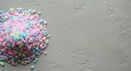 Vibrant pastel bath salts cascade onto a textured gray surface, inviting moments of relaxation and self care
