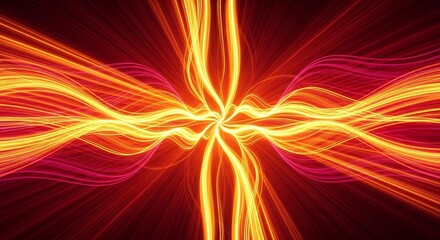 Dynamic vibrant energy flow ignites with luminous abstract light trails radiating outward in fiery hues