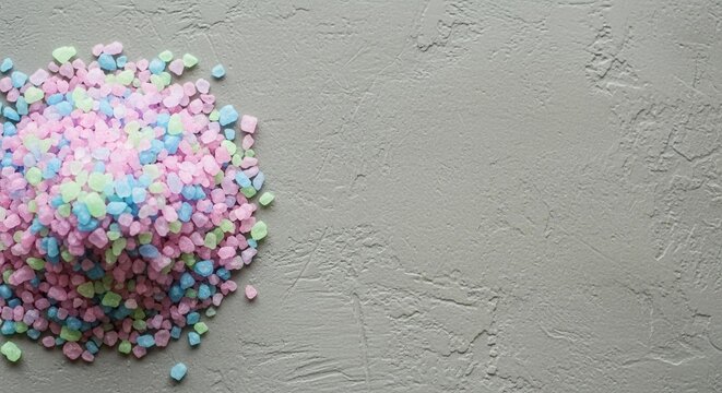 Vibrant pastel bath salts cascade onto a textured gray surface, inviting moments of relaxation and self care