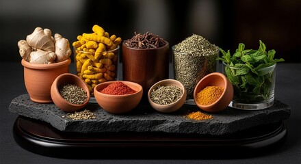 Vibrant array of fresh ginger, potent turmeric, aromatic cloves, dried herbs, and crisp mint presented artfully for culinary inspiration and gourmet cooking.