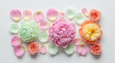 Delicate pastel flower petals and blooms artfully arranged, evoking serene beauty and natural elegance for sophisticated design projects.