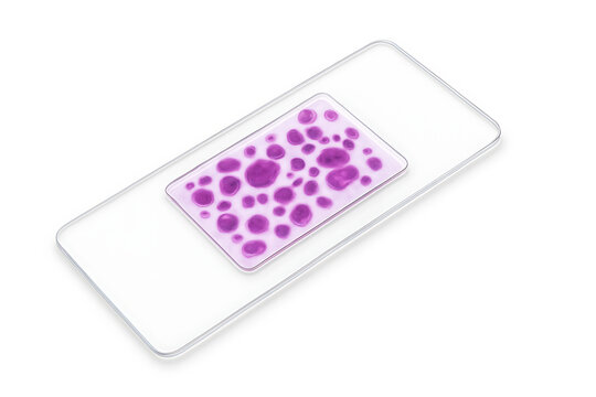 Microscope slide with cellular sample 3D isolated on white background.