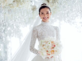 純白のウェディングドレスを着た笑顔の花嫁が美しいブーケを持ち幸せに包まれる結婚式の瞬間を表現した写真
