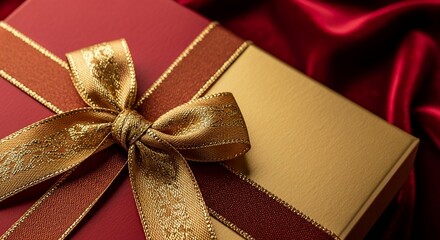 Luxurious gift box adorned with elegant gold ribbon and deep red satin backdrop perfect for special occasions and premium product packaging