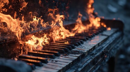 Burning piano with keys ablaze in intense orange flames and smoke. Symbolize destruction, loss, or the fiery end of an era.