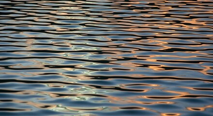 Captivating ripples of water reflect warm golden sunset hues, creating a serene and dynamic abstract backdrop.