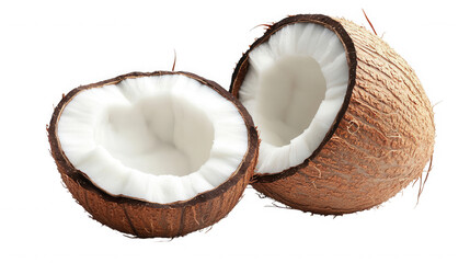 A halved coconut showing the white flesh and brown shell against a black isolated background view on transparent background