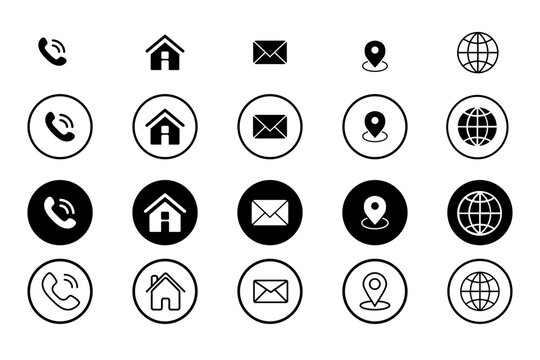 Popular contact information icons set. Icon of contact us, website, call, address, mail. Contact information icons for business card. Vector symbols set of contact us in black with different styles - Powered by Adobe