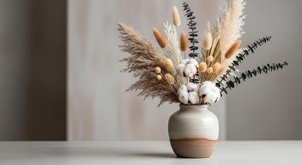 Stunning dried floral arrangement with pampas grass, cotton, and eucalyptus in a rustic vase creates a warm, inviting modern home decor accent.
