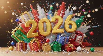 Naklejka premium Golden year 2026 numerals explode in a colorful confetti shower surrounded by wrapped gift boxes and festive ornaments celebrating the new year celebration