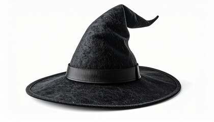 The Classic Witch Hat. A photorealistic studio photograph of a classic, pointed witch hat made of a rich, unbranded black felt material.
