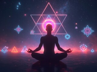 Serene meditation silhouette in a mystical landscape with cosmic energy, perfect for mindfulness and spiritual wellness campaigns and inspiring inner peace