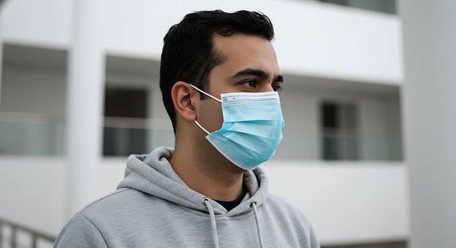 Man wearing a blue medical mask outdoors.