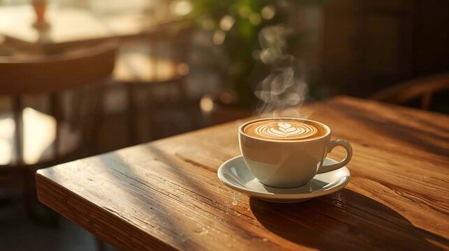 a cup of hot coffee with latte art on a wooden caf&eacute; table