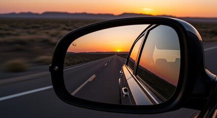 Sunset reflected in car side mirror on a desert highway.