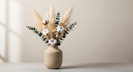 Stunning dried floral arrangement with cotton and eucalyptus in a textured vase brings natural elegance to any modern home decor setting