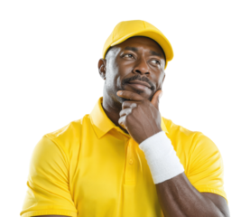 Thoughtful athlete in yellow sportswear portrait isolated on transparent background
