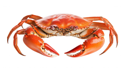 A close up studio shot of a cooked crab with orange shell and claws on a black isolated background on transparent background